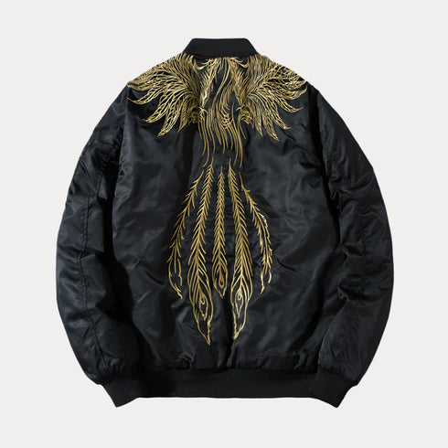 Phoenix Embroidered Bomber Jacket with gold embroidery, mandarin collar, and ribbed sleeves.